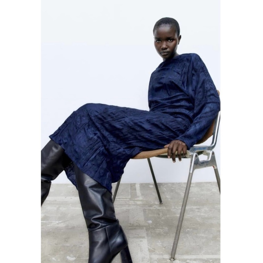 Zara Blue Crushed Satin Midi Skirt Size Medium